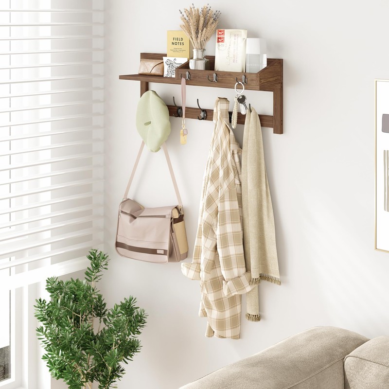 AMBIRD Wall Hooks with Shelf, 26.57 Inch Entryway Wood Coat