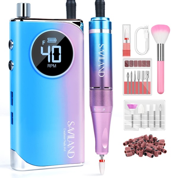 Saviland Rechargeable 40000RPM Nail Drill – Portable Electric Nail File with 12 Drill Bits for Nails Electric Nail Drills for Acrylic/Gel Nails Professional Nail Tools for Manicure Pedicure