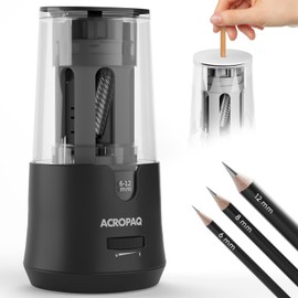 ACROPAQ Electric Sharpener for Thick and Thin Pencils - For 6-12 mm Pencils, Sharp and Blunt Tip, Fine Pen Tip in 3-5 Seconds, Black - Electric Sharpener, Electric Sharpener
