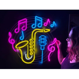 Saxophone & Music Wall Art, Neon Metal Wall Art, Music Wall Decor, LED Light Decoration, Home Office Hotel Pub Bar Cafe Wall Decor (Without Remote Control)