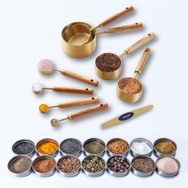 NAZANIN 9-Piece Premium Gold Stainless Steel and Natural Acacia Wood Measuring Set, Kitchen Measuring Cups and Spoons Set with Leveler, Kitchen Measuring Set of Cups and Spoons for Cooking and Baking