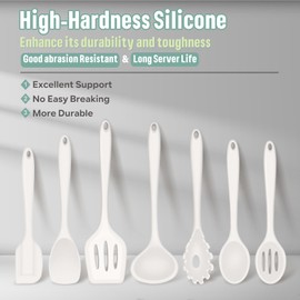 E-far Silicone Cooking Utensils Set, 7-Piece White Heat Resistant Kitchen Utensils Set, Kitchen Nonstick Tools Spatula Ladle Spoon Pasta Server for Non-stick Cookware, Non-Toxic & Dishwasher safe