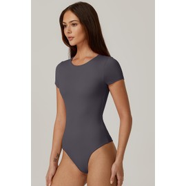 QINSEN Short Sleeve Bodysuit for Women Crewneck Fashion Body Suits Going Out Tops Dark Grey XL