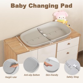 Babylush Wipeable Changing Pad for Dresser,Easy to Clean and Non-slip Waterproof Changing Pad with Adjustable Safety Strap,Comfortable EVA Foam,27x17 Inch（Grey）