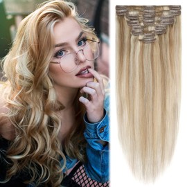 MY-LADY Clip in Hair Extensions Real Human Hair Golden Brown & Bleach Blonde 10 Inch 50g Remy Hair 8pcs Weft Balayage Full Head Silky Natural Straight for Women