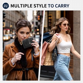 SUIKIHUM Small Credit Card Wallet Slim Wallet with Wristlet Strap, PU Leather Minimalist Card Holder - 8 Card Slots & 1 ID Window & 1 Zipper Pocket, Black