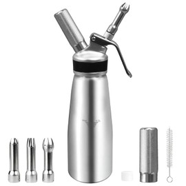 Professional Whipped Cream Dispenser, 500 ml/1 Pint Aluminum Cream Canister Whipped Homemade Cream Maker Canister with 3 Decorating Nozzles 1 Brush, 1 Chargers Holder