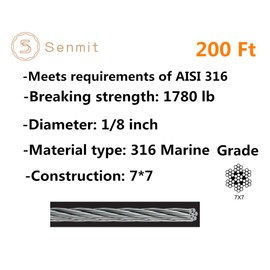 Senmit 1/8 Stainless Steel Aircraft Wire Rope for Deck Cable Railing Kit,7 x 7 200 Feet T 316 Marine Grade