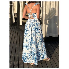 WDIRARA Women's Floral Print Ruched Square Neck Maxi Dress Tie Back High Slit Flared Dresses Blue and White Small