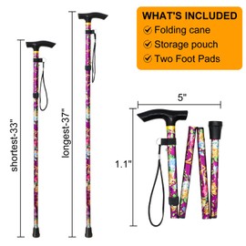 Folding Cane, 5-Level Adjustable Walking Cane for Men and Women,Walking Cane Printed Folding with Wrist Strap and T Handle for Seniors & Adults, Balancing Mobility Aid Portable