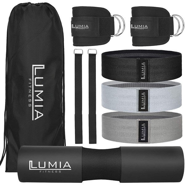 Lumia Fitness 7 Piece Glute Workout Kit, Barbell Squat Pad, 3 Fabric Resistance Bands, 2 Ankle Straps, Carry Bag - Gym Accessories for Men and Women