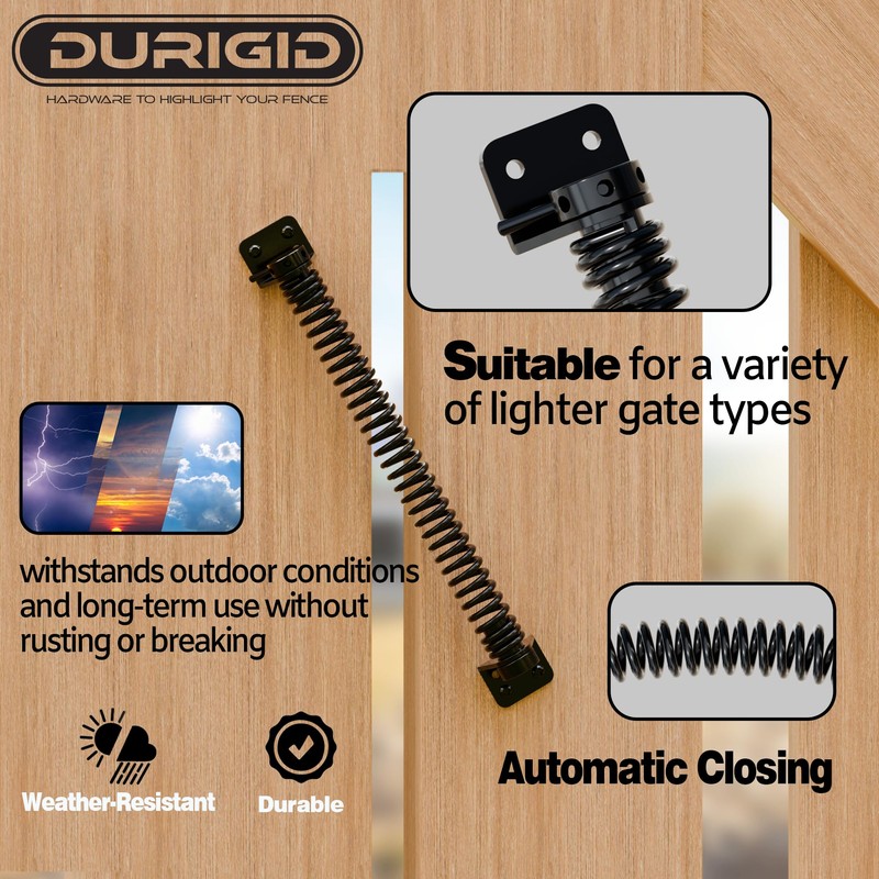 DURIGID 11-1/2" Black Self-Closing Gate Spring for Lighter Wood Vinyl