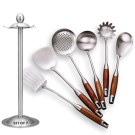 GXONE Cooking Utensils Set,7pcs 304 Stainless Steel Kitchen Utensils Set with Holder,Heat Resistant Wooden Handle Kitchen Tools