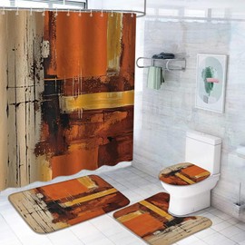 4Pcs Shower Curtain Set, Orange Gold Abstract Bathroom Shower Curtain with Rugs and Accessories,with Non-Slip Rugs, Toilet Lid Cover and Bath Mat for Bathroom Decor Set