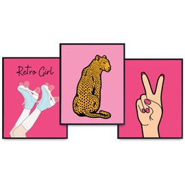 Preppy Wall Decor for Women - 70s 80s Girls Room Decor - Groovy Teen Girls Bedroom Decor - Vintage Retro style Funky Wall Art Set - Gallery Wall Art Gifts for Women, Tween Girls - Peace Sign Cheetah