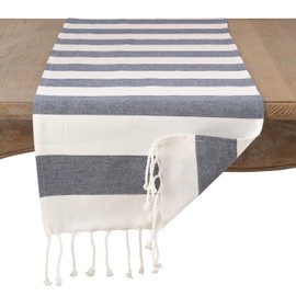 Fennco Styles Cabana Collection Nautical Striped Tassel 100% Pure Cotton 16 x72 Inch Table Runner - Navy Blue Table Runner for Wedding Banquets, Family Dinner, Special Events and Home Décor