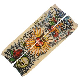 Slip on Temporary Tattoo Sleeve - Checkered Flag, Woman, Flaming Heart, Cobweb & Skull - Only Single Piece