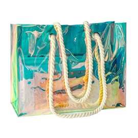 TotePrint PVC Holographic Shopping Bag Beach Bag - Reusable Transparent Tote Bag with Rainbow Effect, Waterproof Cotton Rope Handles for Supermarket, Beach, Green