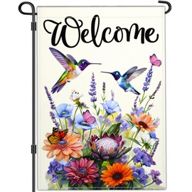 NASIAN Welcome Spring Summer Garden Flag Hummingbird Floral Flowers Garden Flags for Outside 12×18 Inch Double Sided Spring Summer Yard Sign Outdoor Decorations Garden Flag