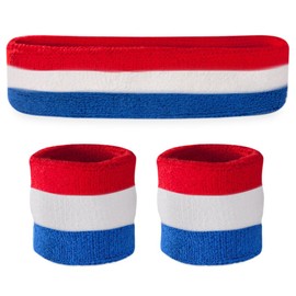Suddora Striped Sweatband Set - (1 Headband and 2 Wristbands) Cotton for Sports & More. (Red White and Blue)