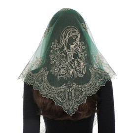 Bozidol Mantilla Triangle Embroidered Fatima Virgin Mary Rose Veil - Green Gold | Catholic Lace Church Veil for Women