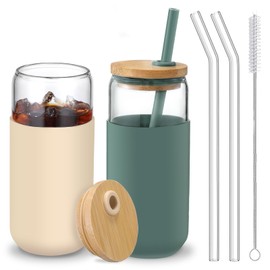 VITEVER 20 OZ Glass Cups with Bamboo Lids and Straws - Beer Can Drinking Glasses with Silicone Protective Sleeve Set, Iced Coffee Glasses, Cute Tumbler Cup for Water, Tea, Gift - Cambridge Blue, Amber