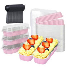 CHENGBAO Paquete de 50 moldes de con tapas，rectangulares de 200ML,mini moldes para hornear pan,latas de aluminio para magdalenas (Rosa)