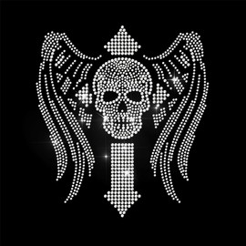 ANATTASOUL White Rhinestone Iron on Transfer Cross and Skull Wings Bling Diamond Hotfix Patches for Clothes, Large Iron On Sequin Applique for Jeans Jacket Caps Bag T-Shirts Shoes DIY Decor