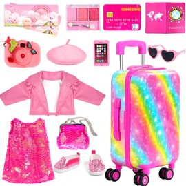 ARTST 18 Inch Doll Clothes Accessories, American 18 inch Doll Suitcase- Glasses,Beret,Shoes,Handbag,Camera, Passport,Mobile Phone Travel Set Toys for 3-12 Girls(NO Doll)