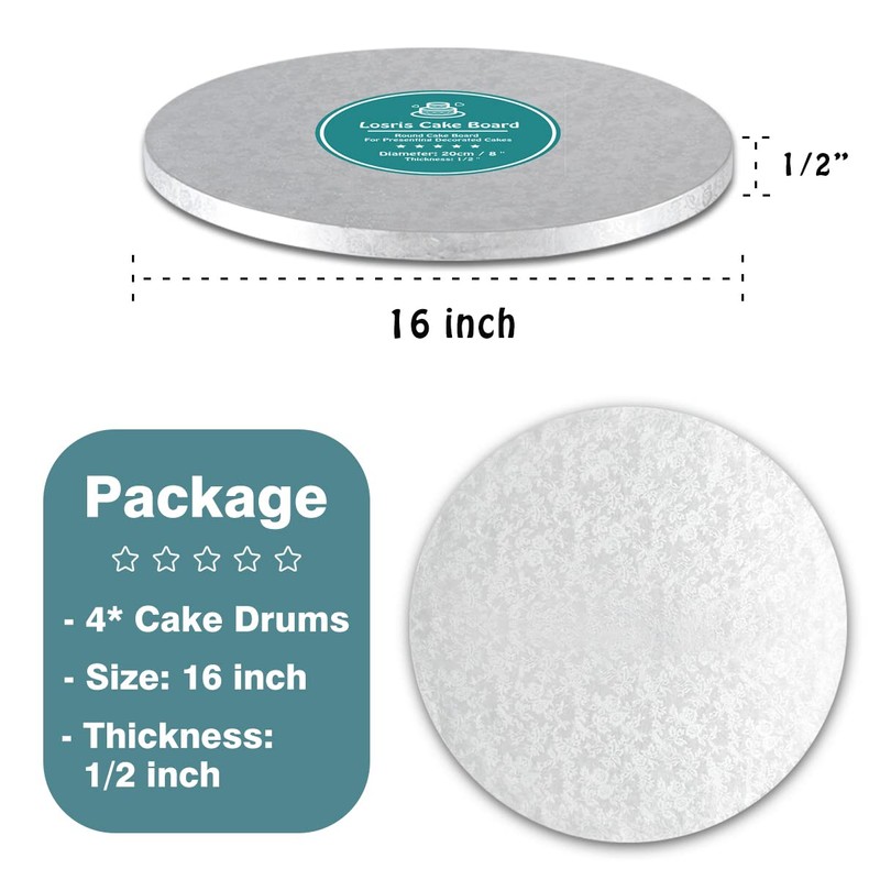 Silver Cake Drum Round 16 Inch Cake Boards with 1/2-Inch