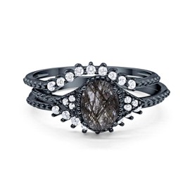 OMRANII Black Tone Natural Rutilated Quartz Size-7 Three Piece Oval Beaded Ring Curved Half Eternity Band Vintage Style Wedding Set Engagement Rings For Women 925 Sterling Silver Gift For Her