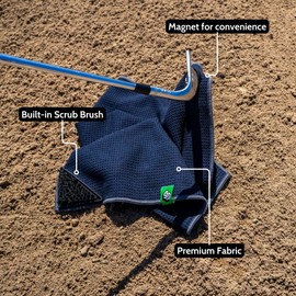 Scrub Doctor Golf Towel (Black) - Built-in Club Scrub Brush and Magnet - Clean Grooves - Magnetic for Strong Hold to Golf Carts or Clubs - Thick Premium Waffle Microfiber