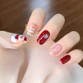 Christmas Press on Nails Short Square Fake Nails Designs Cute Snow Christmas Tree Santa Claus Coffin Acrylic Nails Art Salon Fake Nails Full Cover False Nails for Women and Girls 24Pcs