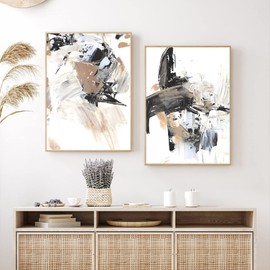 Abstract Beige Canvas Wall Art Neutral Abstract Painting Black White and Beige Abstract Wall Art for Bedroom Decor Black and Brown Pictures for Living Room Brown Abstract Artwork 16x24inx2 No Frame
