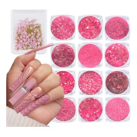 Decoracion De Uña Gliter Flake Color Rosa Coquette Y Flores