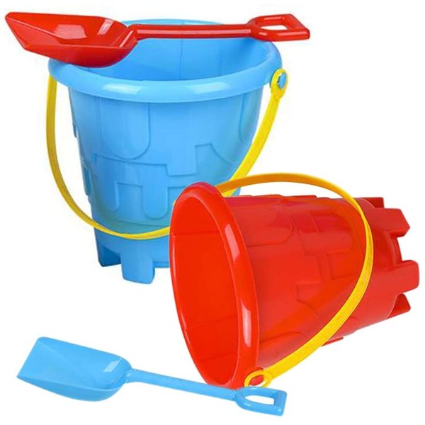 ArtCreativity 6 Inch Beach Sand Pail and Shovel Set - Includes 2 Sand Shovels and 2 Pail Buckets with a Sand Castle Design Inside - Sandcastle Building Toys, Fun Summer Sand Toys for Boys and Girls