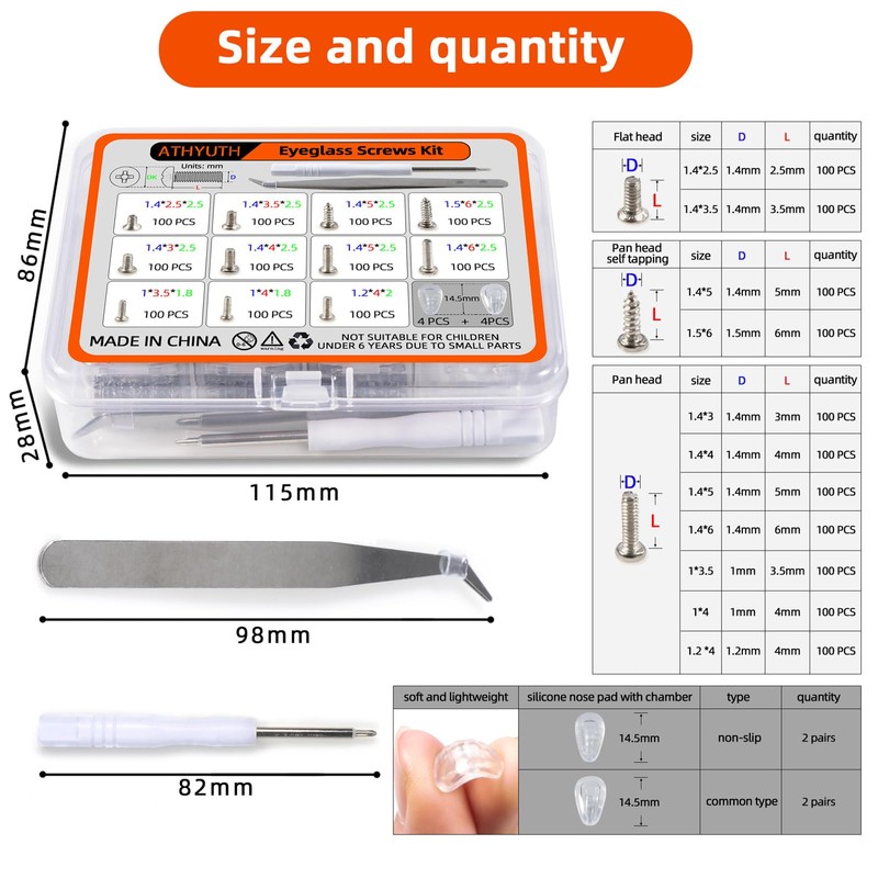 1100Pcs (11 Sizes) Micro Screw Kit Eyeglass Sunglass Repair Kit