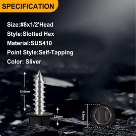 Bopowo 300 Pcs #8x1/2 Self-Tapping Gutter Screws Black Painted Slotted Hex Washer Head #8x1/2 Zinc Plated Finish, Includes 1/4" Magnetic Hex Driver – for Gutter Install