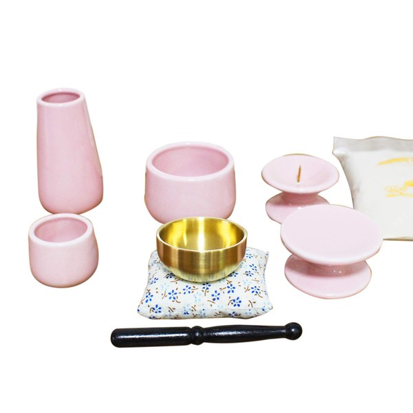 Mini Category: Buddhist Ritual Implements Set of 7 Orin Censer Incense Burner Ash Low Candles Stand Vase Tea Bowls 供物 Base Pink