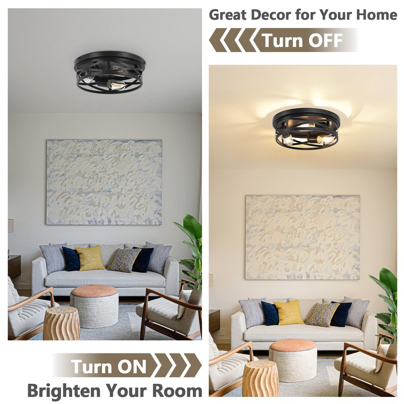 13-Inch Farmhouse Ceiling Light Fixtures 2-Pack, 3-Light Black Flush Mount