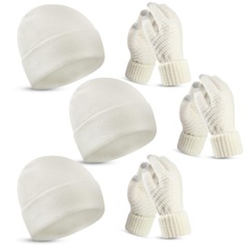 SATINIOR 6 Piezas Set de Gorro de Punto Guantes con Pantalla Táctil para Mujere Hombre (Blanco)
