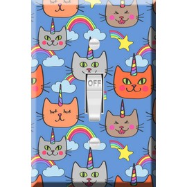 Toggle Wallplate, Single Light Switch Cover Plate - Cat Unicorn Rainbow Pattern