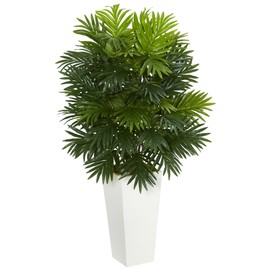 Nearly Natural Artificial Green 1 Areca Palm Plant in White Tower Planter