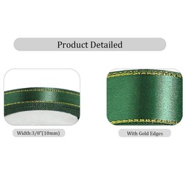 Dark Green Satin Ribbons 3/8 Inch x 25 Yards, Fabric Ribbon with Gold Edges Border for Gift Wrapping, DIY Crafts, Floral Bouquets, Hair Bows, Sewing Projects, Birthday Baby Shower Wedding Decorations