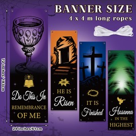 4PCS Easter Church Banners for Sanctuary Wall Worship Easter Religious Banners Hanging Backdrop Banners with Scripture He is Risen Church Easter Porch Signs for Holiday Church School Decorations