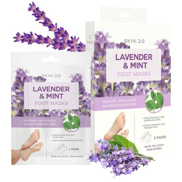 Skin 2.0 Lavender and Mint Foot Masks Moisturizing Socks - Relieves Swollen & Aching Feet, Removes Unwanted Odor, Relaxing Foot Mask - Cruelty Free Korean Skin Care For All Skin Types - 3 Pairs
