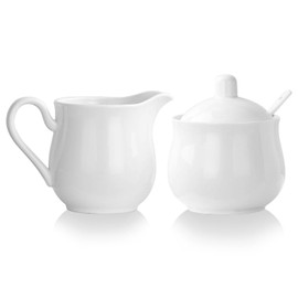 CHILDIKE Ceramic Sugar and Creamer Set, Coffee Serving Set, 3 Piece Cream Pitcher Sugar Bowl with Lid and Spoon (White 12 OZ)