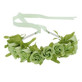 Small Rose Boho Floral Crown Flower Hair Wreath Headband with Ribbon - Mint