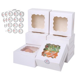 PFAMKEER 36 pcs 6x6x3 Inches Small Cake Box with Window, Bakery Pastry Cookie Boxes, Mini Pie for Pastry,Dessert,Strawberries,Chocolates, Cupcakes with paper stickers (white)