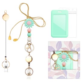 Colorful ID Badge Holder with Silicone Beads Lanyard Set,Cute Teacher Breakaway Lanyard for Keys & Keychain with Cute Retractable Badge Reel Holder,Gift for Women,Nurse, Teacher. (Daisy 1)